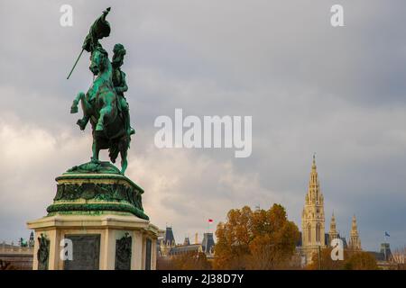 Equestrian statue of Archduke Charles (Erzherzog Karl) memorial and city hall on a cloudy day  in Vienna (Wien), Austria Stock Photo