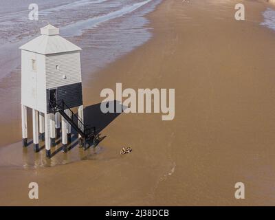 An aerial view of the Low Lighthouse it is one of three lighthouses in Burnham-on-Sea,  Somerset,  it is  a Grade II listed building. Stock Photo