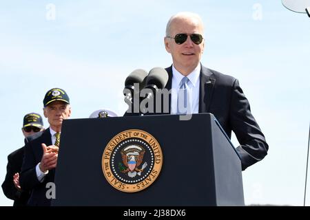 Wilmington, United States of America. 02 April, 2022. U.S President Joe Biden delivers remarks during the commissioning commemoration ceremony for the Virginia-class attack submarine USS Delaware, April 2, 2022 in Wilmington, Delaware.  Credit: CPO Joshua Karsten/US Navy/Alamy Live News Stock Photo