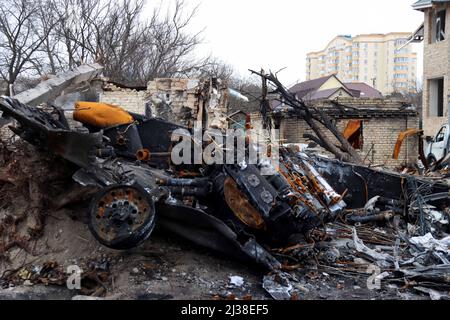 Kyiv, Ukraine, April 05, 2022. A destroyed military vehicle is pictured in Vokzalna Street following the liberation of the city from Russian invaders, in Bucha, Kyiv Region, northern Ukraine, on April 05, 2022. Photo by Anatolii Siryk/Ukrinform/ABACAPRESS.COM Stock Photo