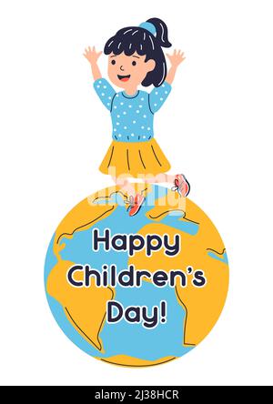 Happy Children's Day Text On A White Background. Child And Cat. Greeting  Card, Poster Royalty Free SVG, Cliparts, Vectors, and Stock Illustration.  Image 128034578.