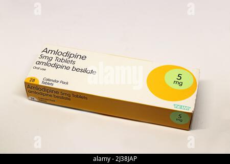 Photo of carton of Amlodipine tablets uesd to treat high blood pressure Stock Photo