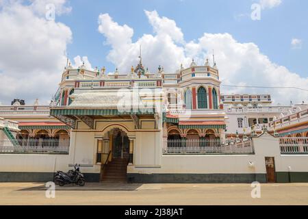 Chetttinad Palace also called Raja's palace, a 19th-century Chettinad mansion in Kanadukathan, Sivaganga district, Chettinad, Tamil Nadu, India Stock Photo