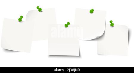 eps vector illustration with business little sticky notes in a row with colored pin needles and free copy space for your own text Stock Vector