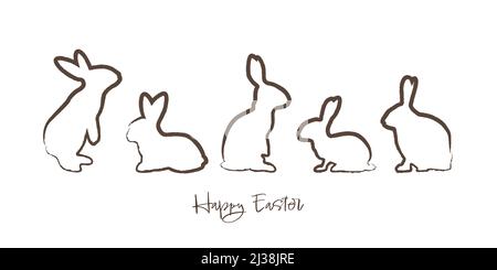 EPS 10 vector illustration of different rabbits colored brown and greetings text Happy Easter isolated on white background Stock Vector