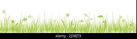 eps vector panorama seamless illustration for spring, easter time or nature concepts. Happy fresh background with green silhouette of grass and flower Stock Vector