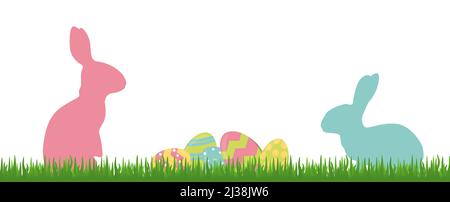 eps vector panorama illustration for easter time, happy fresh background with green grass, colored silhouette of rabbits with different painted eggs. Stock Vector