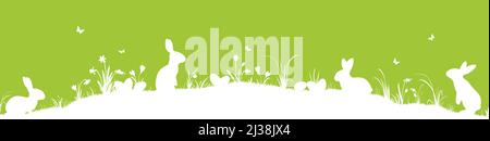 eps vector panorama illustration for easter time, happy fresh green background with silhouette of rabbits with eggs , grass, different flowers. Spring Stock Vector