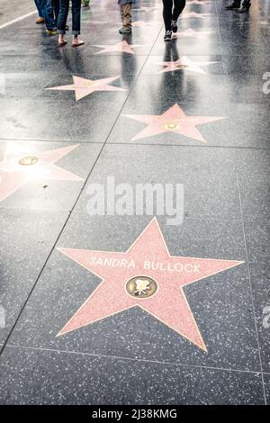 Sandra Bullock Star on the Hollywood Walk of Fame in Hollywood, Los Angeles, California, USA on a cloudy day. Stock Photo
