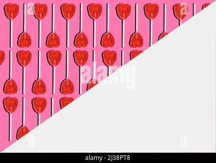 Heart shaped lollipops pattern on pastel pink and white background. Pop art lollipop. copy-space Stock Photo