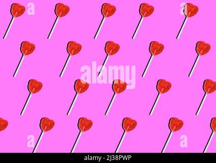 Heart shaped lollipops pattern on bubblegum pink background. Pop art lollipop. Stock Photo