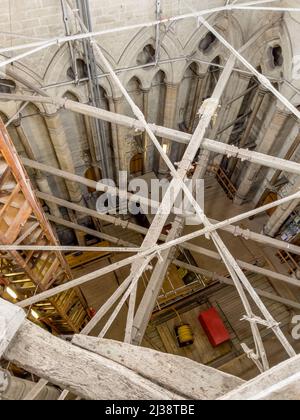 engineering work inside the 404 foot tall spire of Salisbury Cathedral,an Anglican cathedral in the city of Salisbury, England. Stock Photo