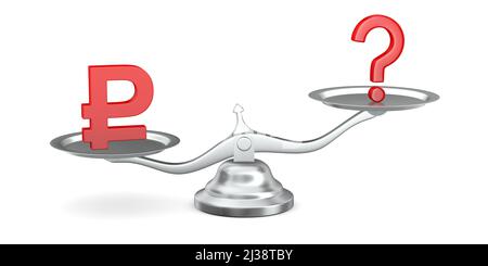 sign ruble and question on scale. Isolated 3D illustration on white background Stock Photo