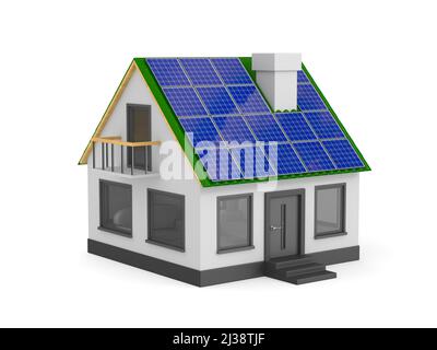 house with solar panel on white background. Isolated 3D illustration Stock Photo