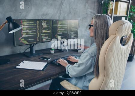 Profile side view portrait of attractive smart clever skilled grey-haired woman writing code solving task at work place station indoors Stock Photo