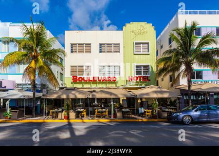 MIAMI, USA - AUG 5, 2013: The Boulevard hotel located next to Colony Hotel at Ocean Drive and built in the 1930's is one of the most photographed hote