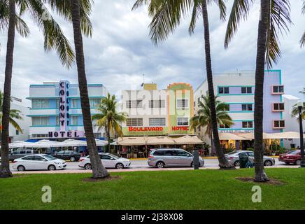 MIAMI, USA - AUG 5, 2013: The Colony hotel and other art deco hotels located at  Ocean Drive and built in the 1930's are the most photographed spots i Stock Photo
