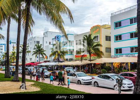 MIAMI, USA - AUG 6, 2013: Night view at Ocean drive in Miami Beach, Florida. Night-Life in South Beach at Ocean Drive is one of the main tourist attra Stock Photo