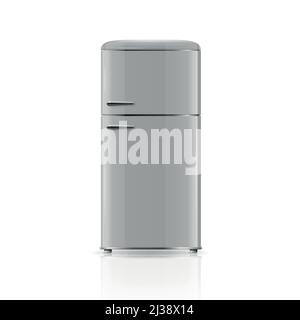 Vector 3d Realistic Gray Retro Vintage Fridge Icon Isolated on White. Vertical Refrigerator. Closed Fridge. Design Template, Mockup of Fridge. Front Stock Vector