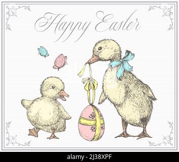 Easter Greeting Card with Hand Drawn Cute Ducklings Vector Illustration. Little Ducks holding Gift Egg Abstract Sketch. Spring Holiday Engraving Style Stock Vector