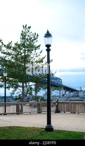 A vertical daytime view of the Battleship Cove Fall River, Massachusetts Stock Photo