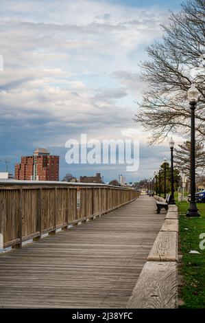 A vertical daytime view of the Battleship Cove Fall River, Massachusetts Stock Photo