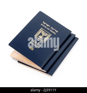 Stack of Israeli passports Darkons isolated on white Stock Photo