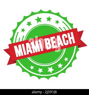 MIAMI BEACH text on red green ribbon badge stamp. Stock Photo