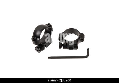 Quick disconnect mount made for holding a scope on a rifle isolated on white background. Quick Release Sniper Cantilever Scope Mount. Stock Photo