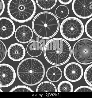 Seamless pattern with bicycle wheels. Bike rubber tyre silhouettes. Fitness cycle, road and mountain bike. Vector illustration. Stock Vector