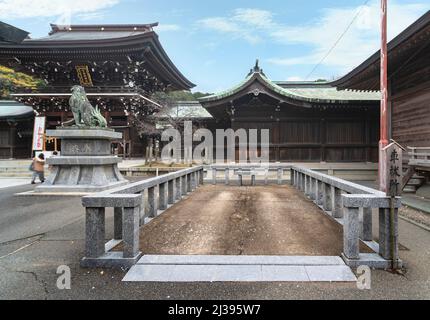 kyushu, japan - december 08 2021: Parking place called kurumabaraisho dedicated to worshippers's car to be blessed by a Japanese Shinto priest for avo Stock Photo