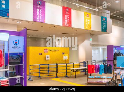 tokyo, japan - october 28 2019: Official fanzone of the 2019 Rugby World Cup held in Japan and opened in the district of Yurakucho selling officials c Stock Photo
