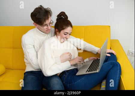 Portrait of a smiling young couple using laptop at home indoor Stock Photo