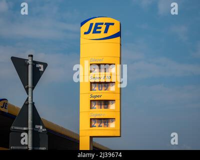 Petrol station with high prices for gasoline and diesel for refueling a vehicle. Problems with rising prices for mobility and transportation. Energy Stock Photo