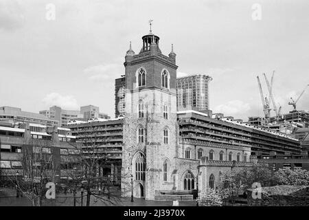 St Giles-without-Cripplegate church in the Barbican Centre, looking towards the city of London, UK Stock Photo