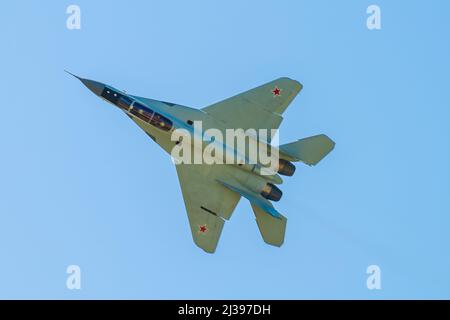 August 30, 2019, Zhukovsky, Russia. Russian Mikoyan MiG-29 multi-role fighter in the sky. Stock Photo