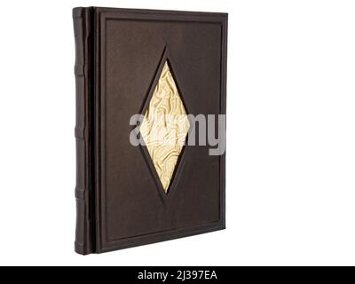Brown Black Gold Leather mockup book with cover color isolated on white background, front view. With empty lable and metal fittings. Stock Photo