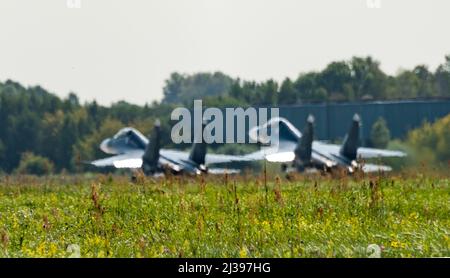 August 30, 2019, Zhukovsky, Russia. Russian multi-role Su-30SM fighters in the sky. Stock Photo