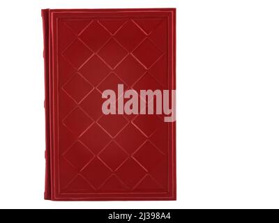 Red Leather mockup book with cover color isolated on white background, front view. With empty lable and metal fittings. Stock Photo