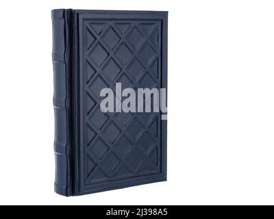 Blue Leather mockup book with cover color isolated on white background, front view. With empty lable and metal fittings. Stock Photo
