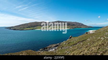 Panoramic view of the tiny and remote Hebridean Island of Scarp and Caolas an Scarp as seen from Hushinish on the Isle of Harris, Scotland, UK Stock Photo