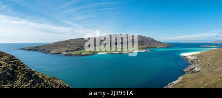 Panoramic view of the tiny and remote Hebridean Island of Scarp and Caolas an Scarp as seen from Hushinish on the Isle of Harris, Scotland, UK Stock Photo
