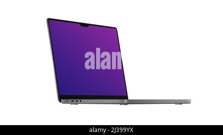 Laptop 2021 Mockup. Right side Diagonal view on the Model. Portable Gadget with Violet Screen on White Background. Vector illustration Stock Vector