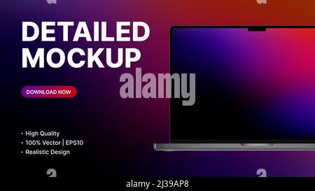 Detailed Laptop Mockup. Realistic Device Front View with blank Screen. Promo Presentation for New Technology, App, Ui. Vector illustration Stock Vector