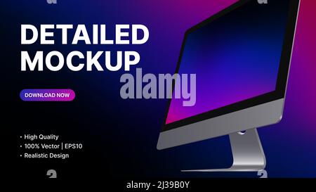 Detailed Computer Mockup. Realistic Device diagonal side View with blank Screen. Promo Presentation for New Technology, App, Ui. Vector illustration Stock Vector