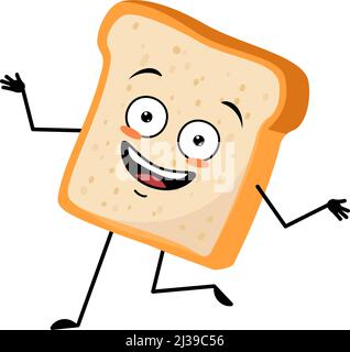 Cute bread character with crazy happy emotion, face, smile eyes, dancing arms and legs. Baking person, homemade pastry with funny expression. Vector flat illustration Stock Vector
