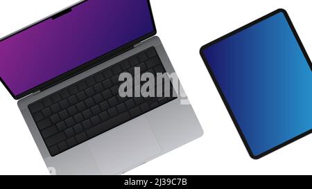 Open Laptop and Tablet Top View with Black Keyboard. Realistic Gadgets on White Background. Vector illustration Stock Vector