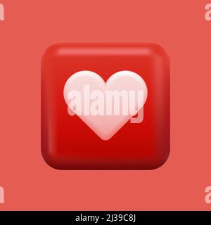 Isolated Like Icon. Red 3D Heart Button in Square Shape. Vector illustration Stock Vector