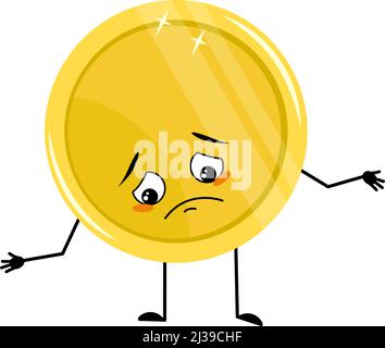 Cute golden coin character with emotions in panic grabs his head ...