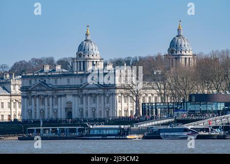 A view of the National Maritime Muesum from the River Thames as you arrive by Clipper to Greenwich, London Stock Photo